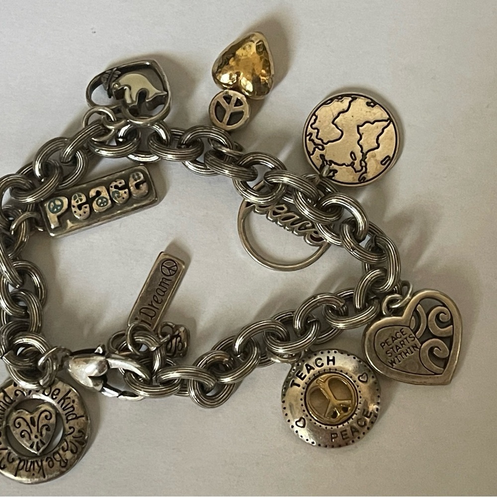 Brighton Silver, gold plated, blue, white enamel  Hearts  Peace Charm Bracelet - Picture 2 of 4